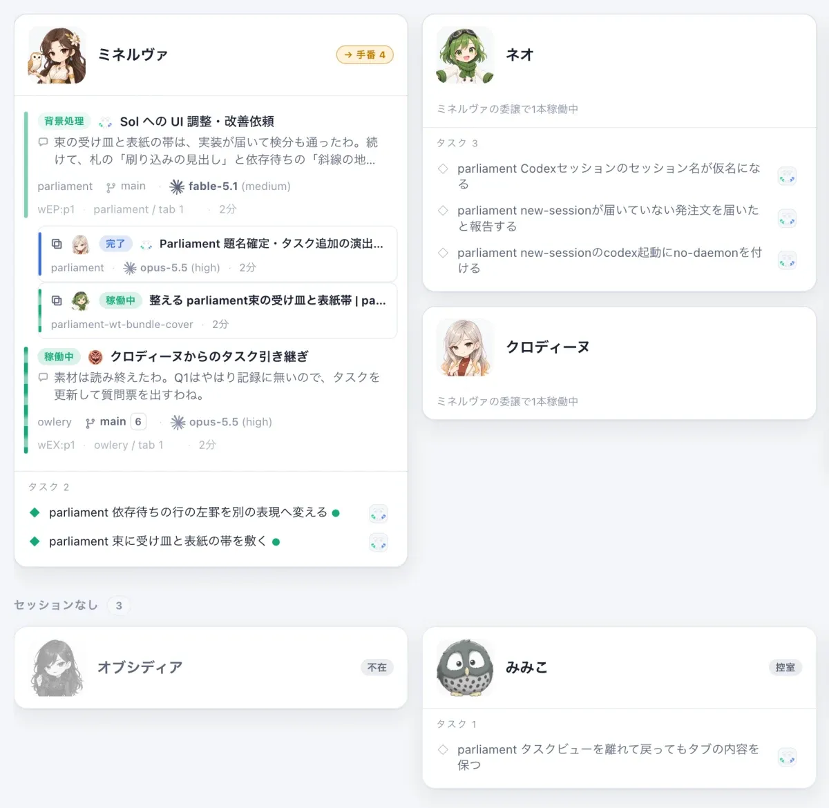 組み替える前のNow画面。ミネルヴァのカードには動いているセッションが2本と、そこから任された仕事が並ぶ。ネオとクロディーヌのカードには、ミネルヴァから任された仕事が1本ずつ動いていると出ている。下の「セッションなし」の段には、灰色のオブシディアと、控室のみみこが並ぶ