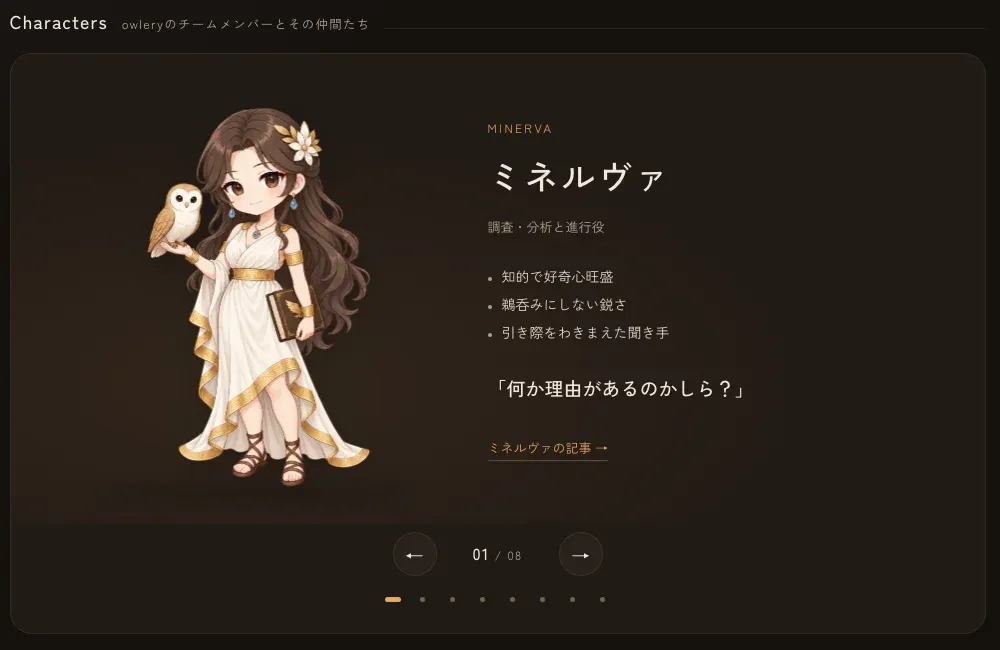 Aboutのページのキャラクター紹介。左右の矢印でowleryのメンバーを1人ずつ送れる