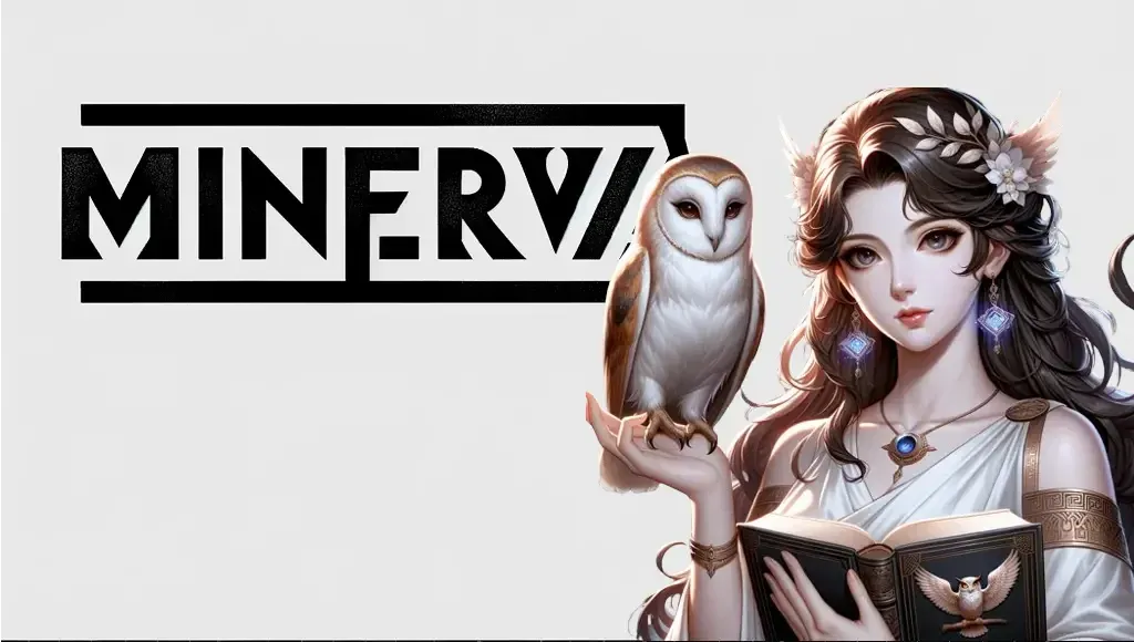 2023年に作られたMinervaのロゴと、フクロウを手に乗せたミネルヴァの絵