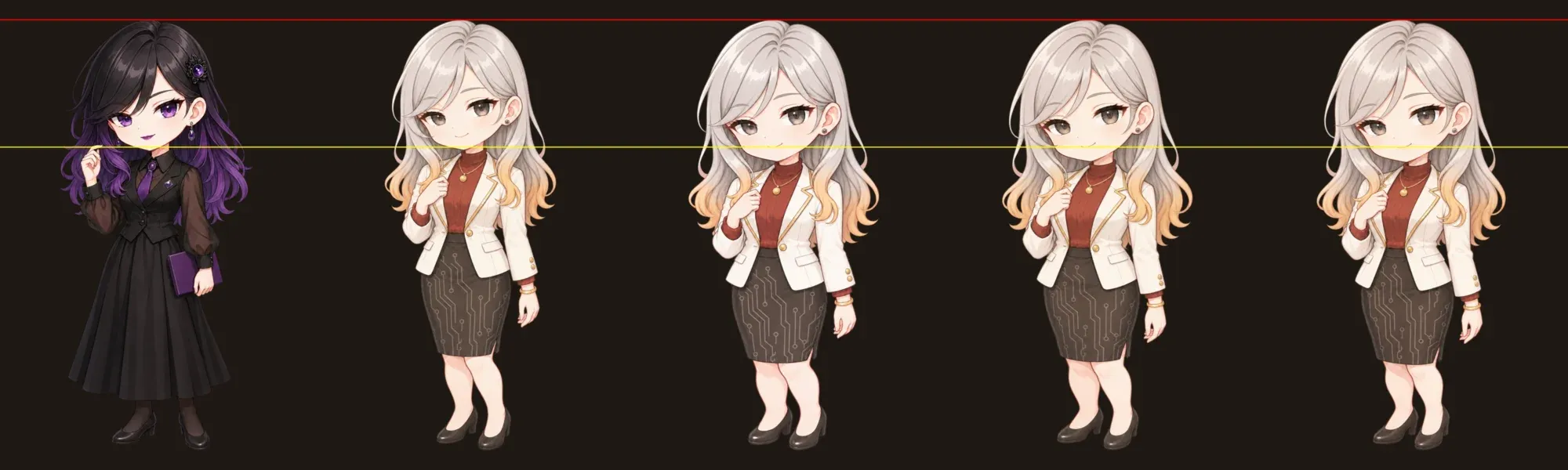 クロディーヌの描き直し候補に、頭頂とあごの高さの線を引いた比較。左端はオブシディア