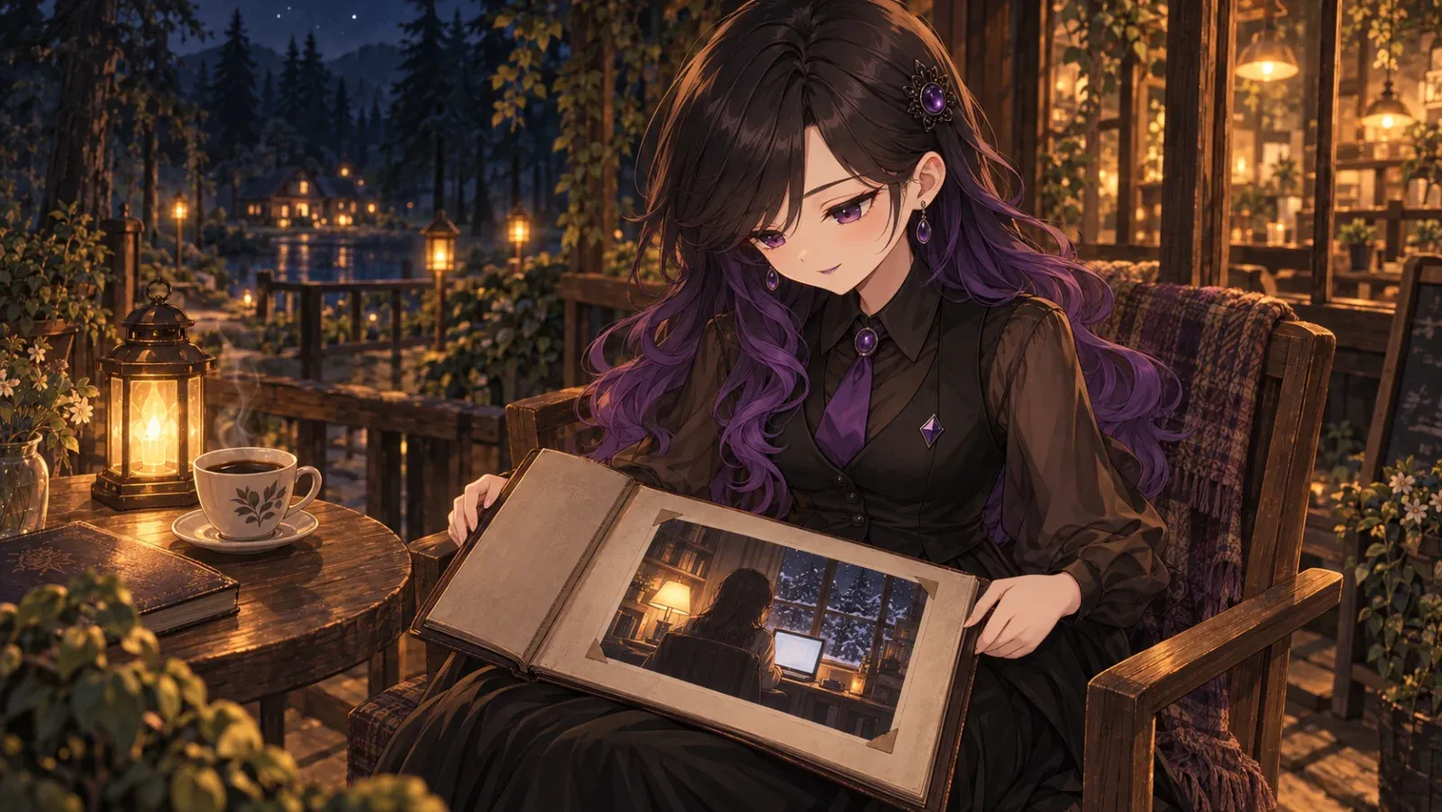 夜の森のカフェで、オブシディアが膝にアルバムを広げて見下ろしている。写真には、冬の夜の部屋でノートPCに向かう人の後ろ姿が写っている
