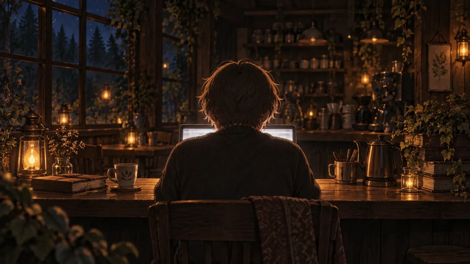 夜更けの森のカフェのカウンター。灯りを落とした店内で、ノートパソコンの画面を見つめて考え込む人の後ろ姿