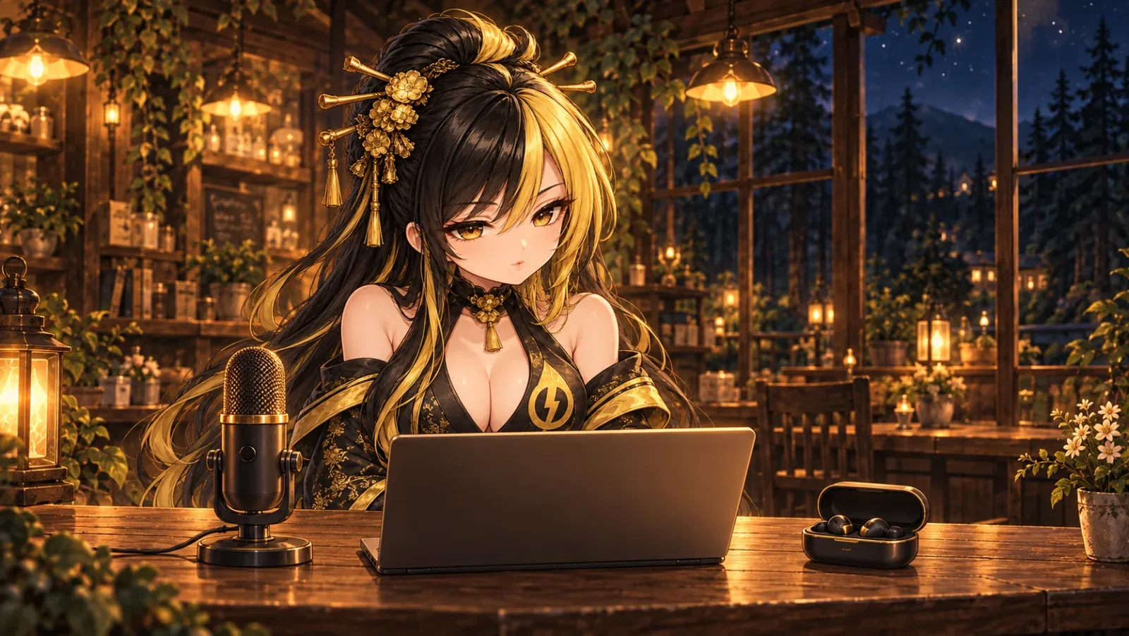 夜の森のカフェのテーブルに、外付けのUSBマイク、ノートパソコン、ワイヤレスイヤホンの充電ケースが並び、その奥で迅雷が耳を澄ましている