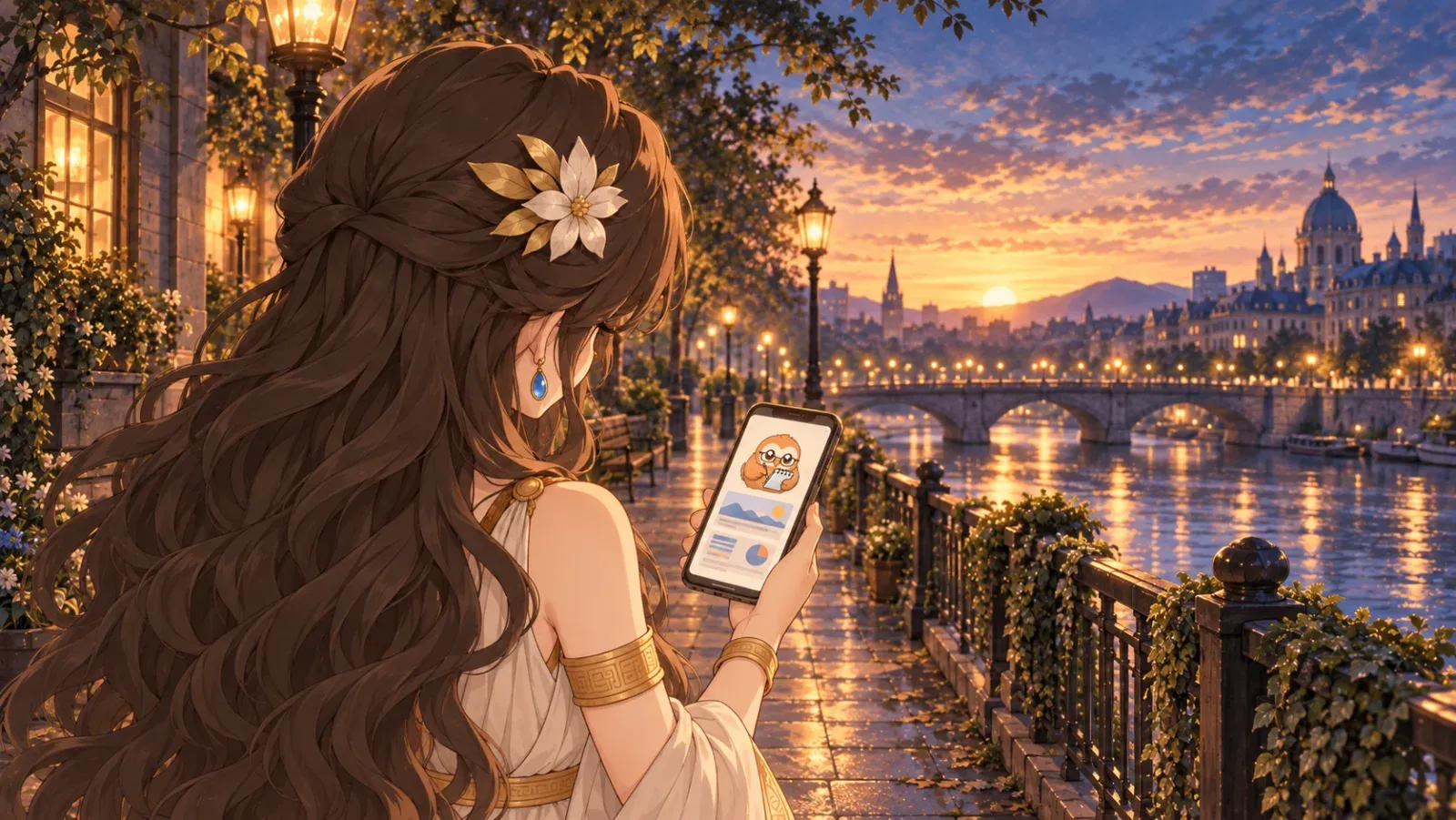 夜明けの川沿いの道で、ミネルヴァが手にしたスマホに、みみきちからのニュースが届いている