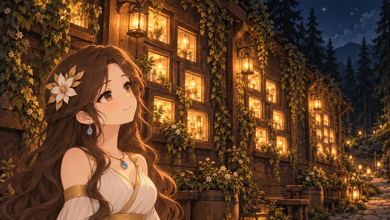 夜の森のカフェの壁に、灯りの窓がいくつかのまとまりに分かれて並んでいる。その前でミネルヴァが、並びを満足そうに見上げている
