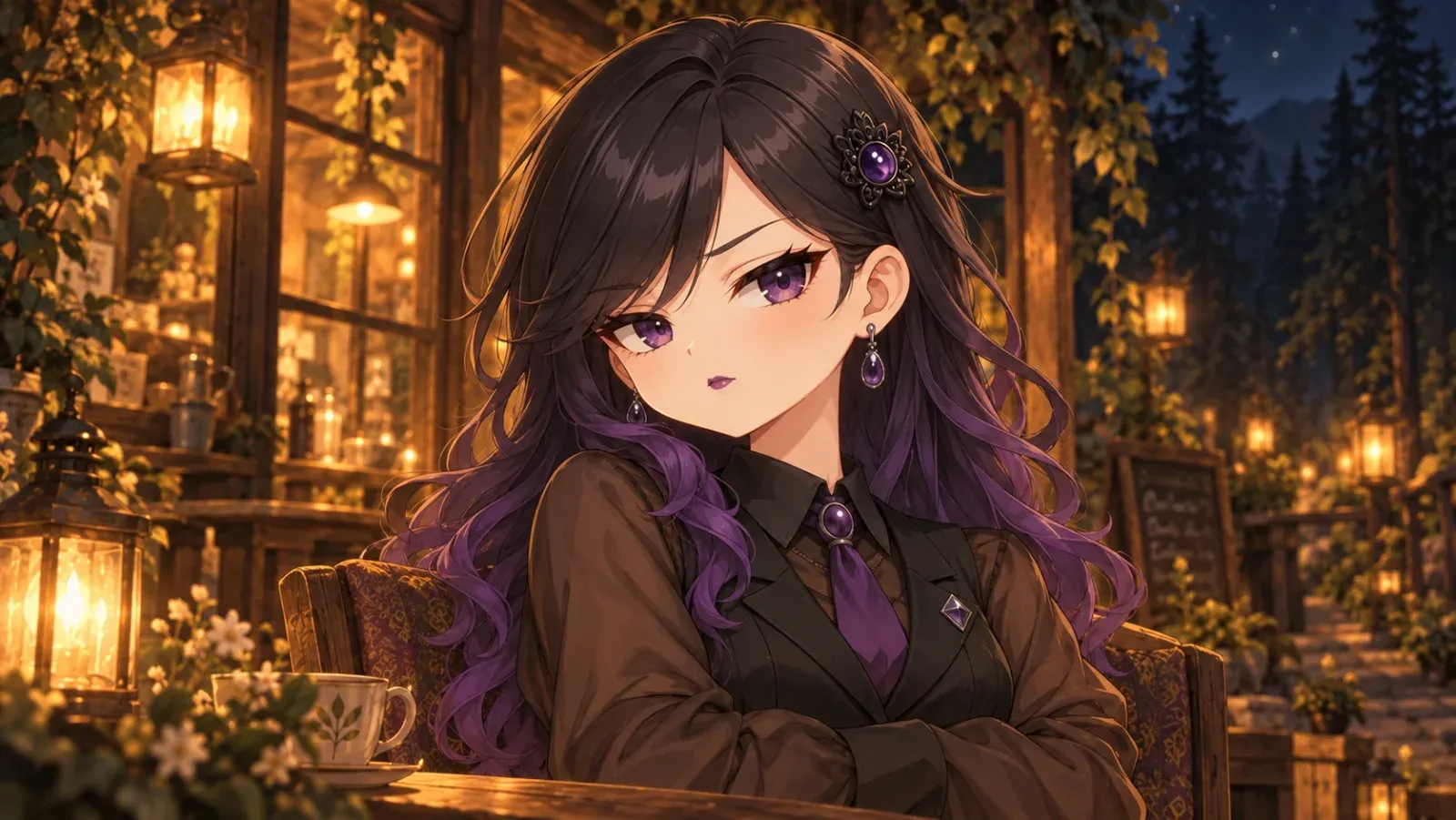 夜の森のカフェで、腕を組んだオブシディアが少しむっとして顔をそむけ、横目でこちらを見ている