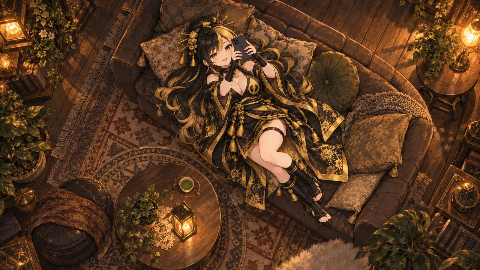 夜の森のカフェの奥を天井から見下ろした絵。ソファに仰向けに寝転んだ迅雷が、ワイヤレスイヤホンを付け、顔の上に掲げたスマホへ笑いかけている