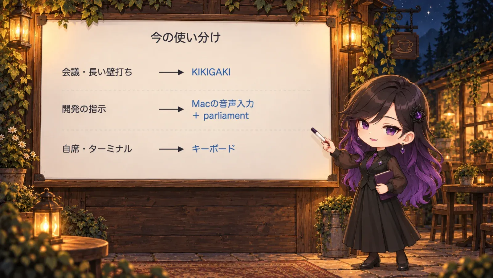 ホワイトボードの前でオブシディアが説明している図。会議と長い壁打ちはKIKIGAKI、開発の指示はMacの音声入力とparliament、自席とターミナルはキーボード